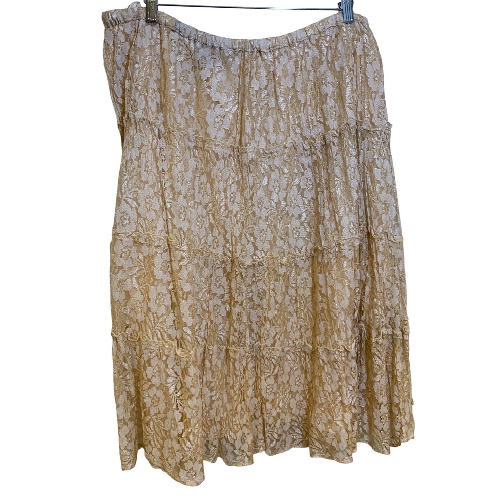 Vintage boho chic 3X Lace beaded tiered Sequin fairy Cottagecore Midi Skirt Tan